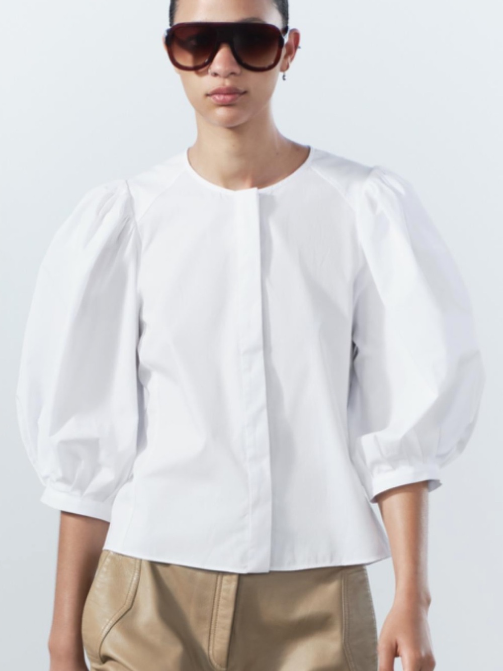 Zara White Long-Sleeve Gathered Shoulder Blouse